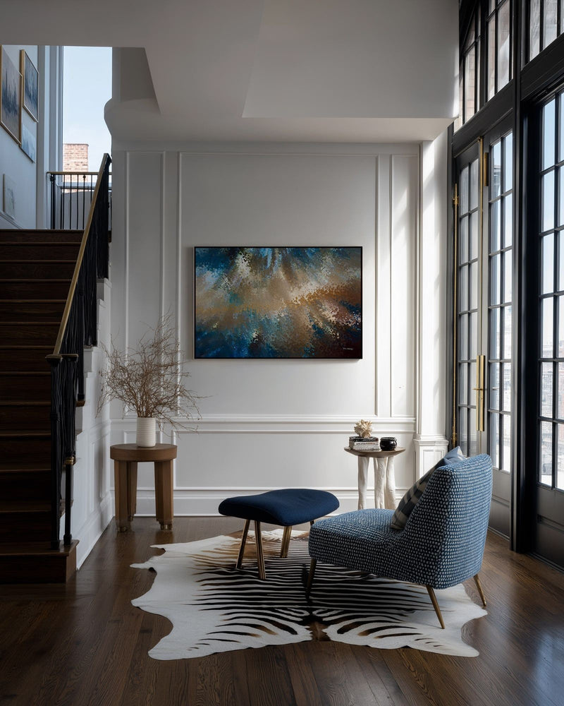 Be Fearless, 2 Timothy 1:7 canvas print on a panelled wall beside a staircase and a blue armchair