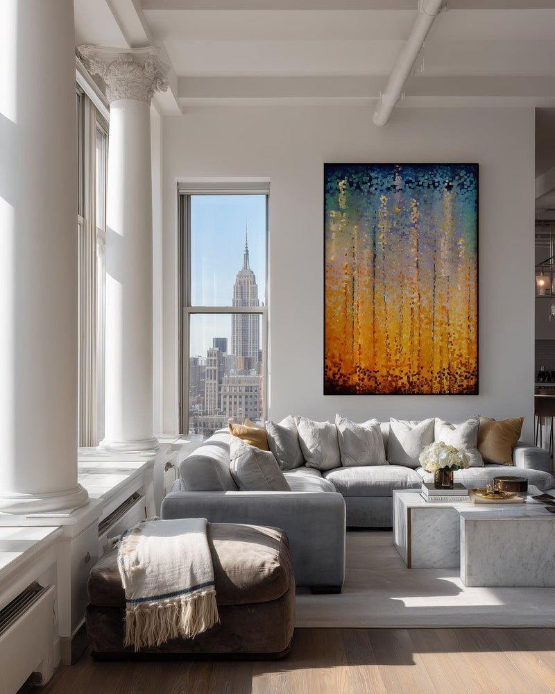 Everyone Who Calls, Romans 10:13 canvas print above a grey sofa in a city loft