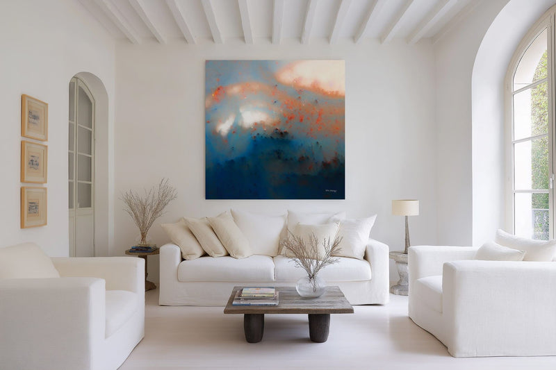 Never Lose Hope in Hard Times, Jeremiah 29:11 canvas print above a white sofa in a wide, bright living room