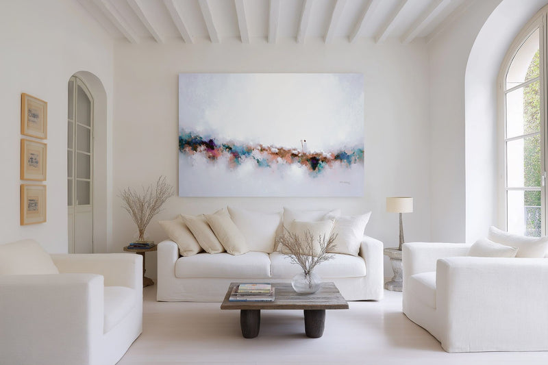 Known By Name, John 10:14 canvas print above a white sofa in a wide, bright living room