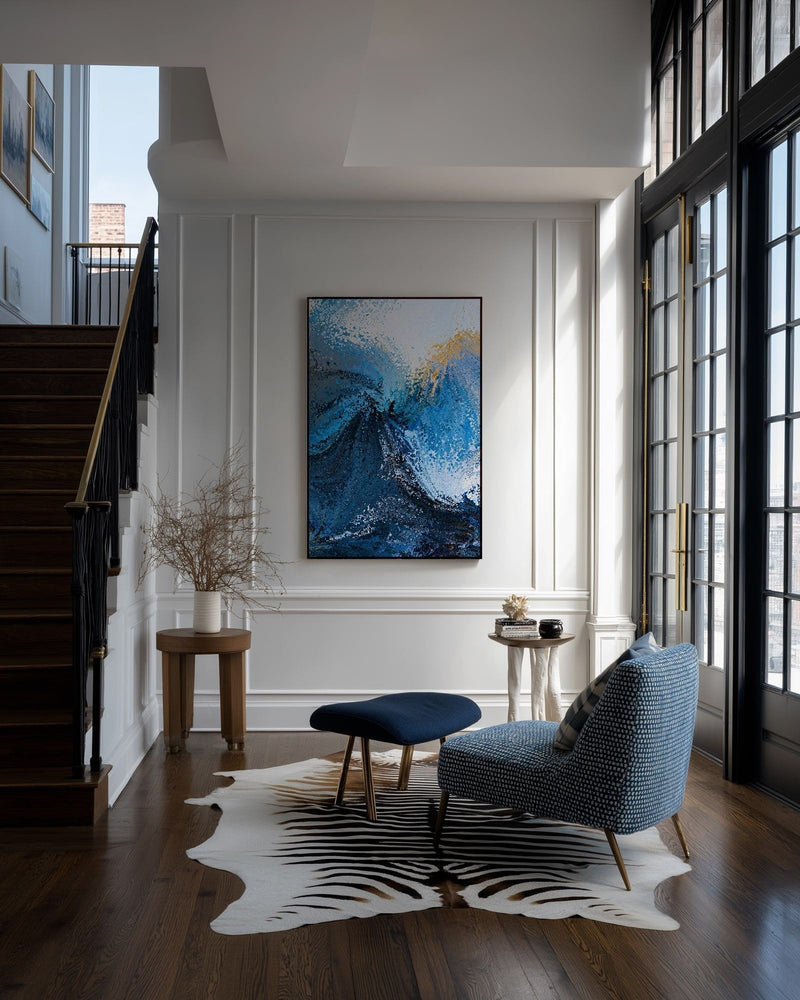 Hold Fast, Hebrews 10:23 canvas print on a panelled wall beside a staircase and a blue armchair