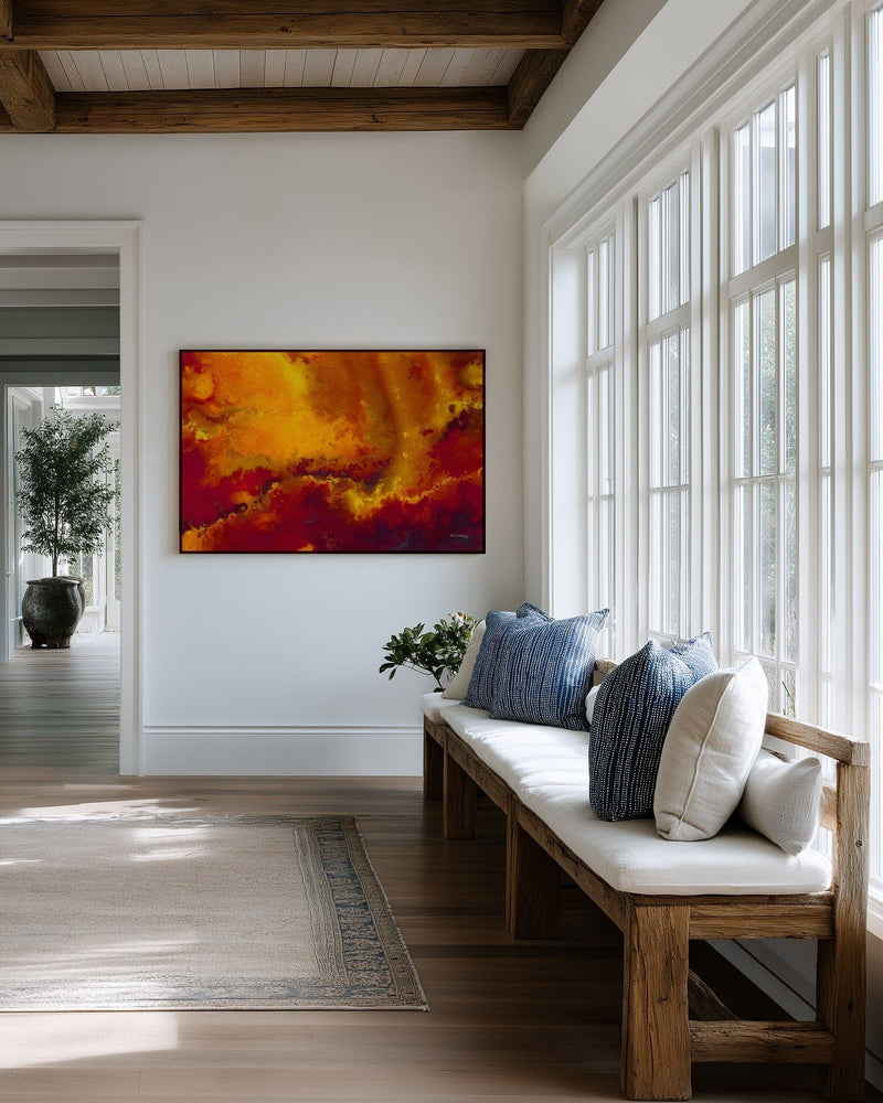 He Delivers And Rescues, Daniel 6:27 canvas print above a cushioned bench beside a wall of windows