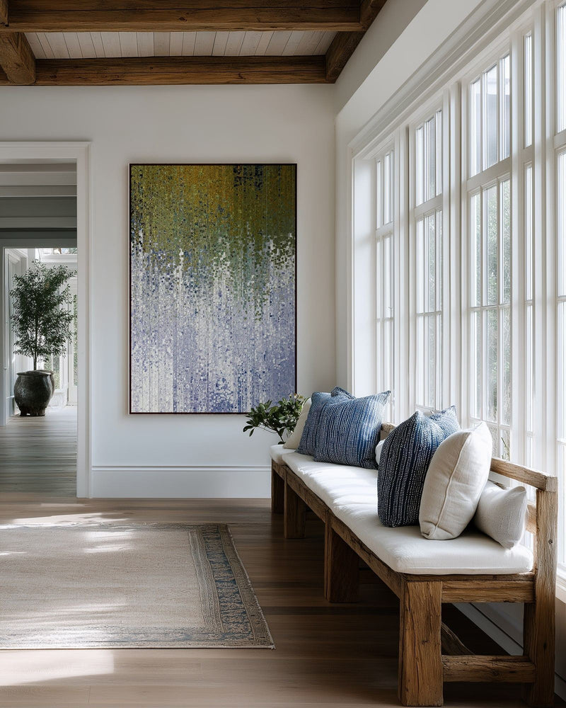 Abide In Me, John 15:5 canvas print above a cushioned bench beside a wall of windows