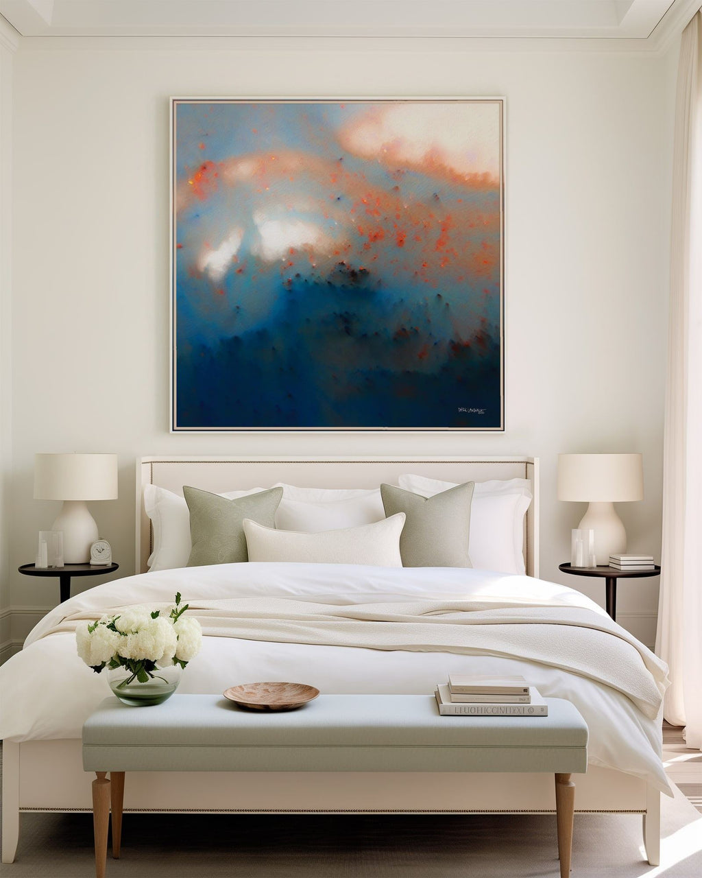 Never Lose Hope in Hard Times, Jeremiah 29:11 canvas print above the bed in a cream bedroom with a bench at its foot