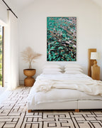 The Problem Or The Promises, 2 Peter 1:4 canvas print above a low bed in a bedroom with a patterned rug