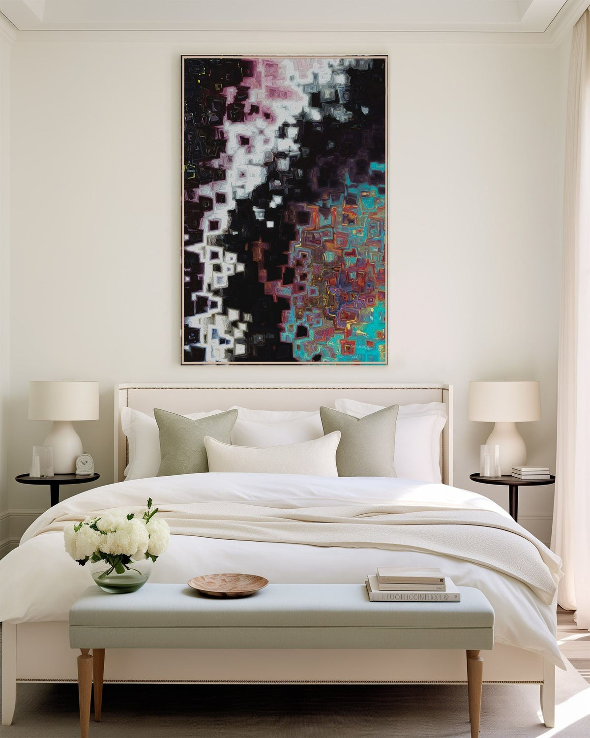 Jesus Christ, The Alpha and Omega, Revelation 1:8 canvas print above the bed in a cream bedroom with a bench at its foot