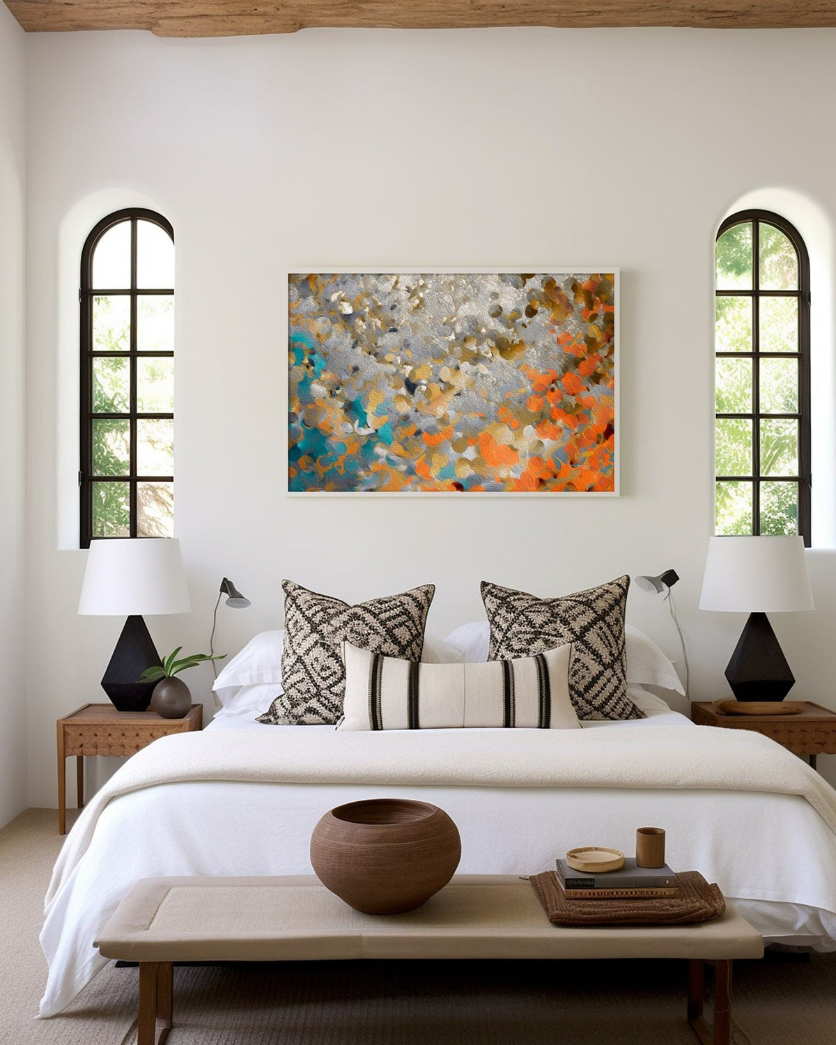 Discover Your Inner Gift, 1 Peter 4:10 canvas print above the bed between two arched windows