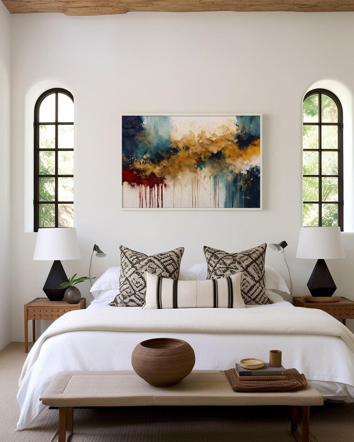 Promised Deliverance, Proverbs 11:21 canvas print above the bed between two arched windows