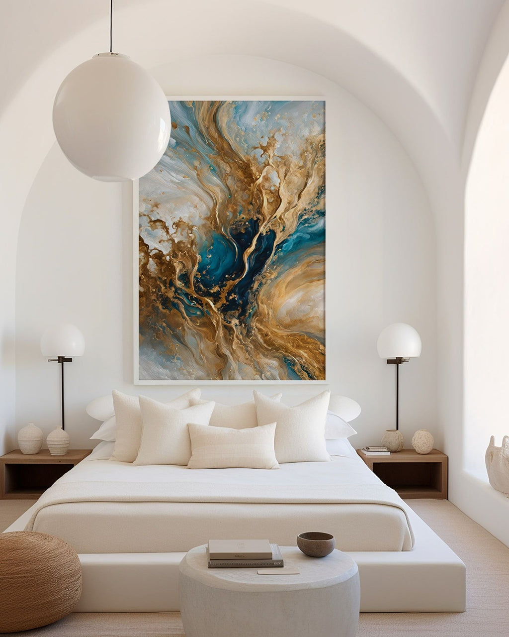 Celestial Vision, Matthew 3:16 canvas print above a low bed in an arched alcove
