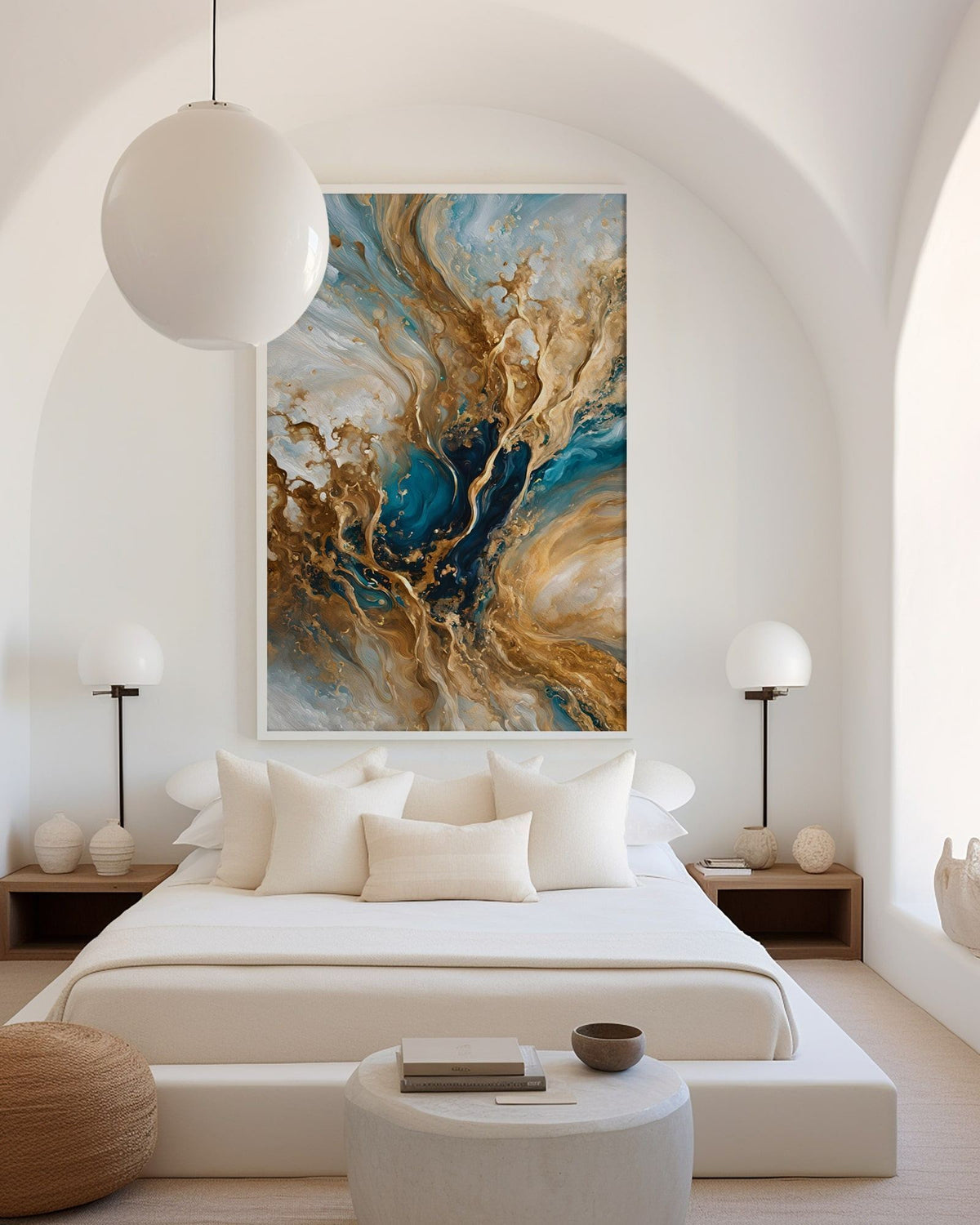 Celestial Vision, Matthew 3:16 canvas print above a low bed in an arched alcove
