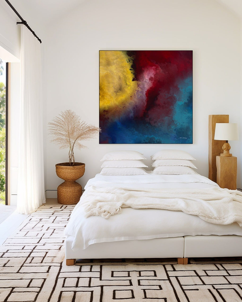 Let There Be Light, Genesis 1:3 canvas print above a low bed in a bedroom with a patterned rug