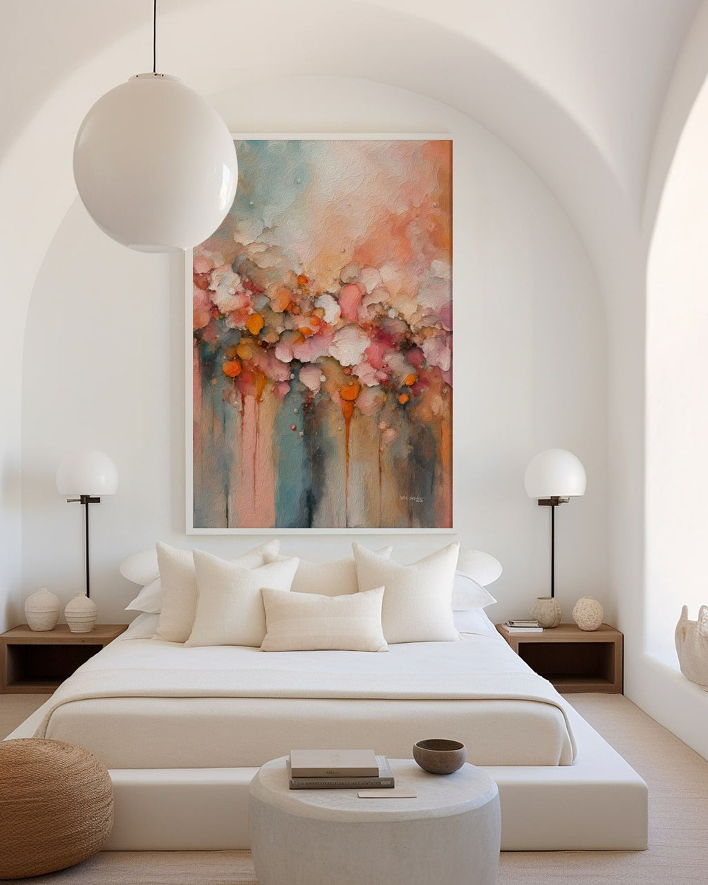Heavenly Gathering, 1 Thessalonians 4:14 canvas print above a low bed in an arched alcove
