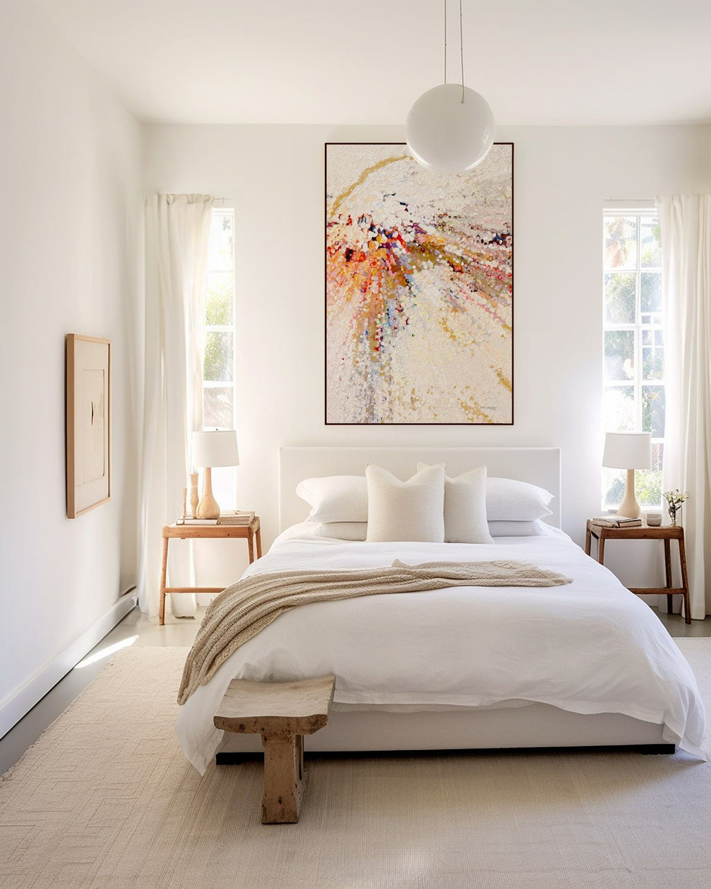 Learn To Live In Joy, John 16:22 canvas print above the bed in a bright white bedroom