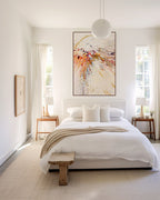 Learn To Live In Joy, John 16:22 canvas print above the bed in a bright white bedroom