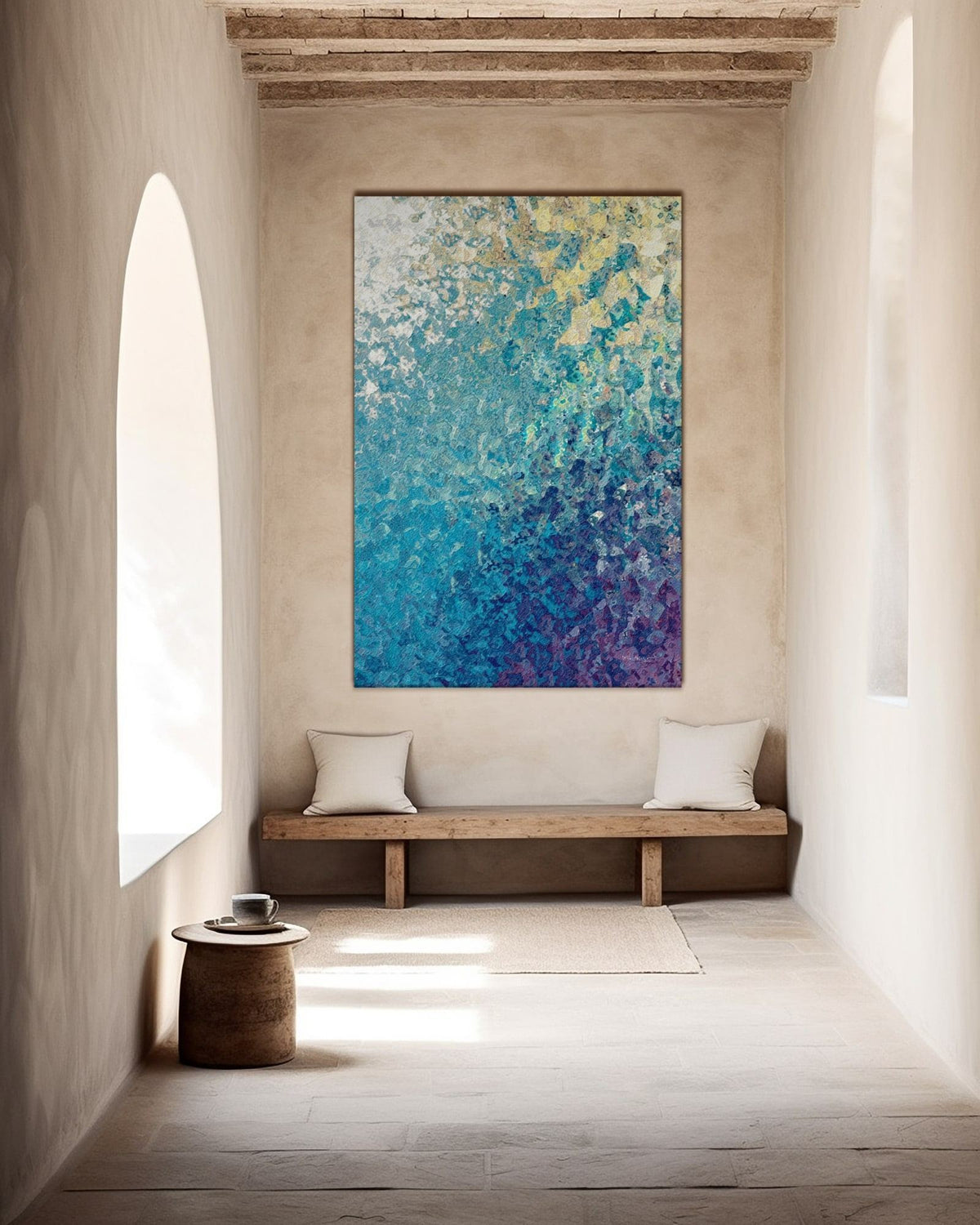 My Strength And Song, Isaiah 12:2 canvas print above a wooden bench in a sunlit plaster hallway