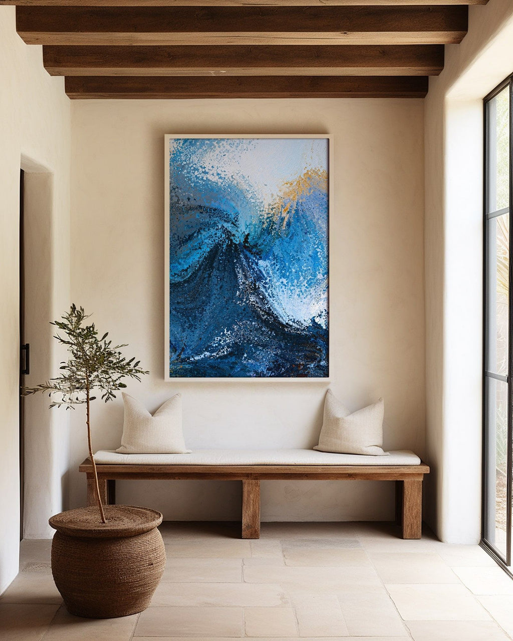 Hold Fast, Hebrews 10:23 canvas print above a bench in an entryway with wooden ceiling beams