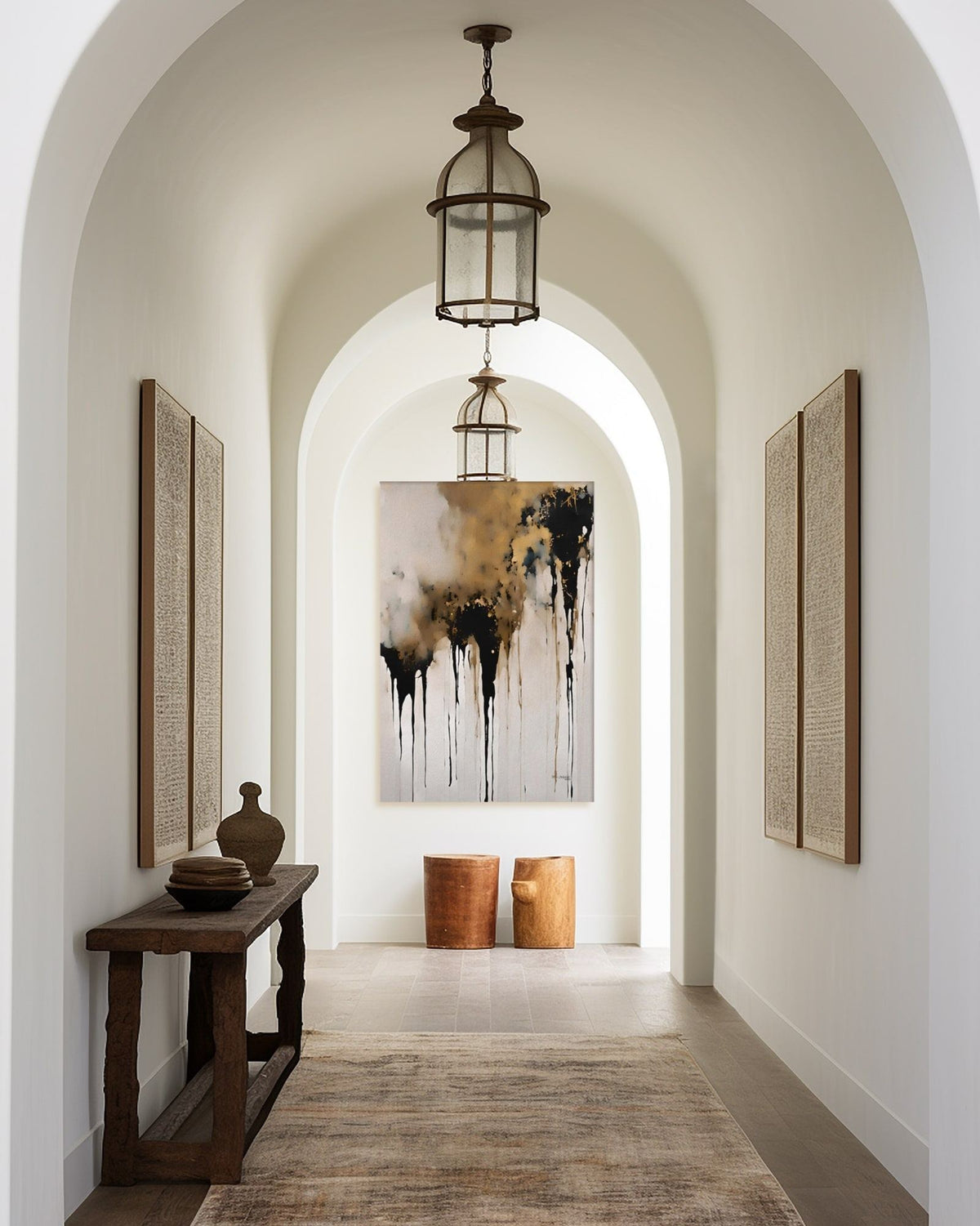 Crowned in Triumph, Revelation 3:21 canvas print at the end of an arched hallway with a hanging lantern