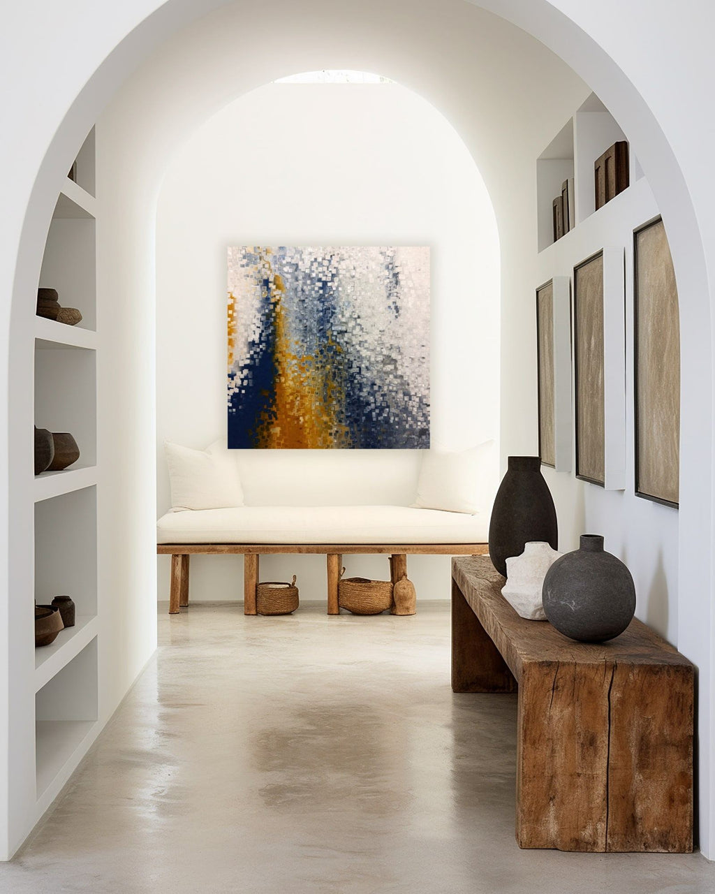 Pray without Ceasing, 1 Thessalonians 5:17 canvas print above a bench in an arched alcove with built-in shelves