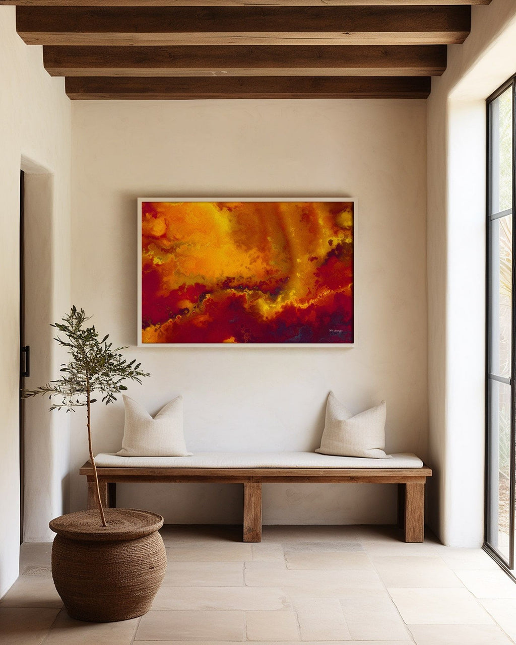 He Delivers And Rescues, Daniel 6:27 canvas print above a bench in an entryway with wooden ceiling beams
