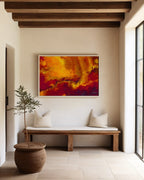 He Delivers And Rescues, Daniel 6:27 canvas print above a bench in an entryway with wooden ceiling beams