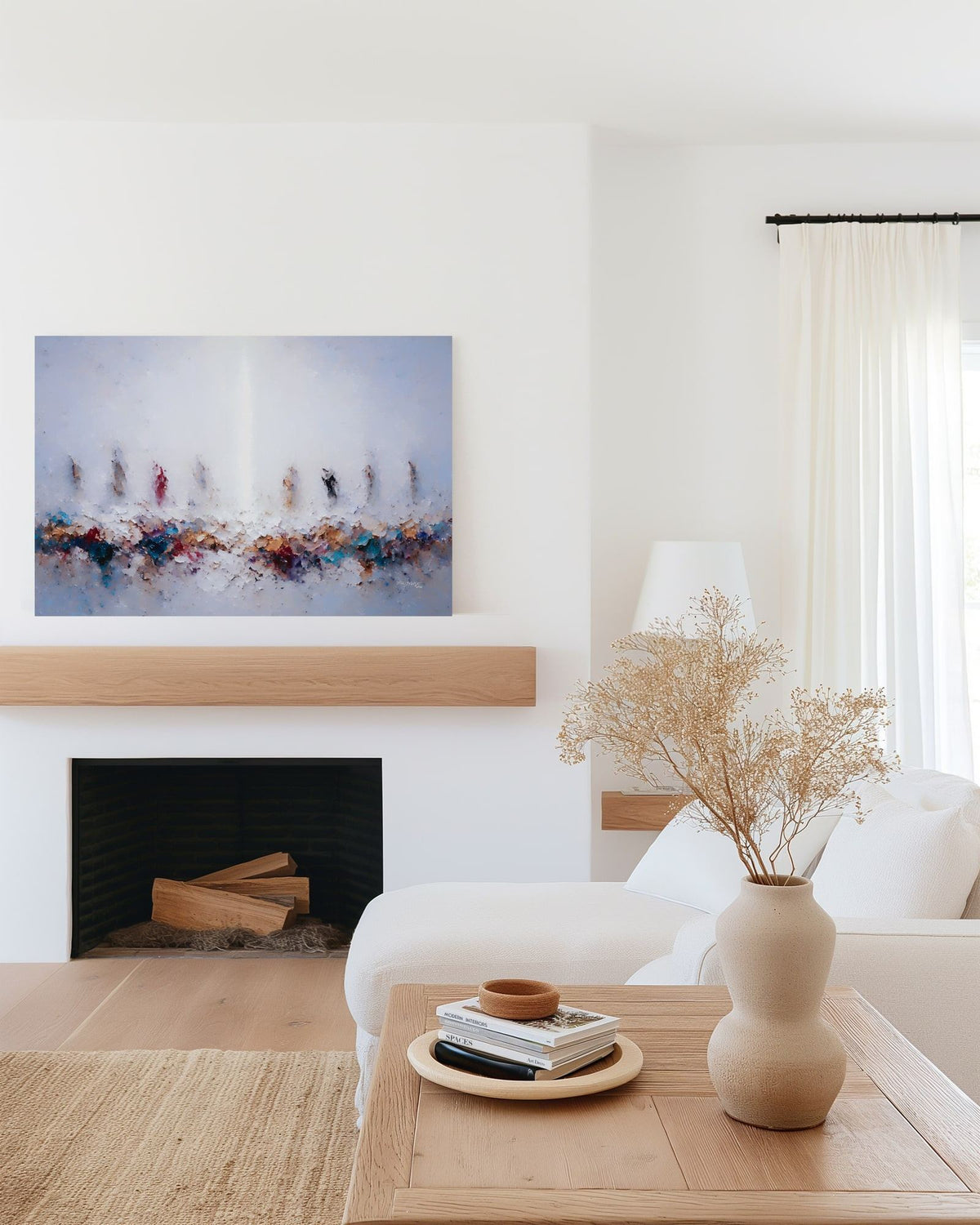 In Remembrance of Me, Luke 22:19 canvas print above a wooden mantel shelf in a white living room