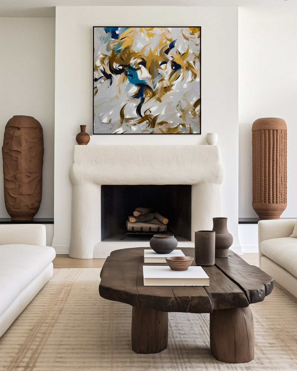 Breath of the Almighty, Job 33:4 canvas print above a sculpted plaster fireplace in a living room
