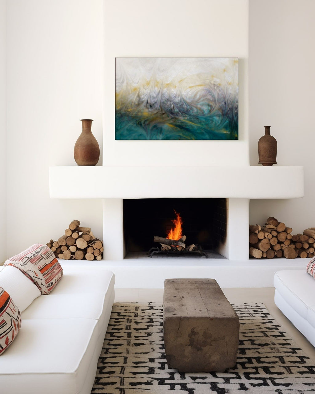 Our Secret Place, Psalm 91:1 canvas print above a white plaster fireplace with stacked firewood