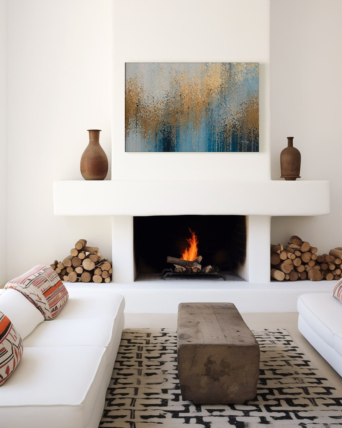 Glory Unveiled, Revelation 21:23 canvas print above a white plaster fireplace with stacked firewood