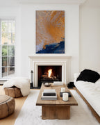 Joy in Believing, 1 Peter 1:8 canvas print above a lit fireplace with a white mantel