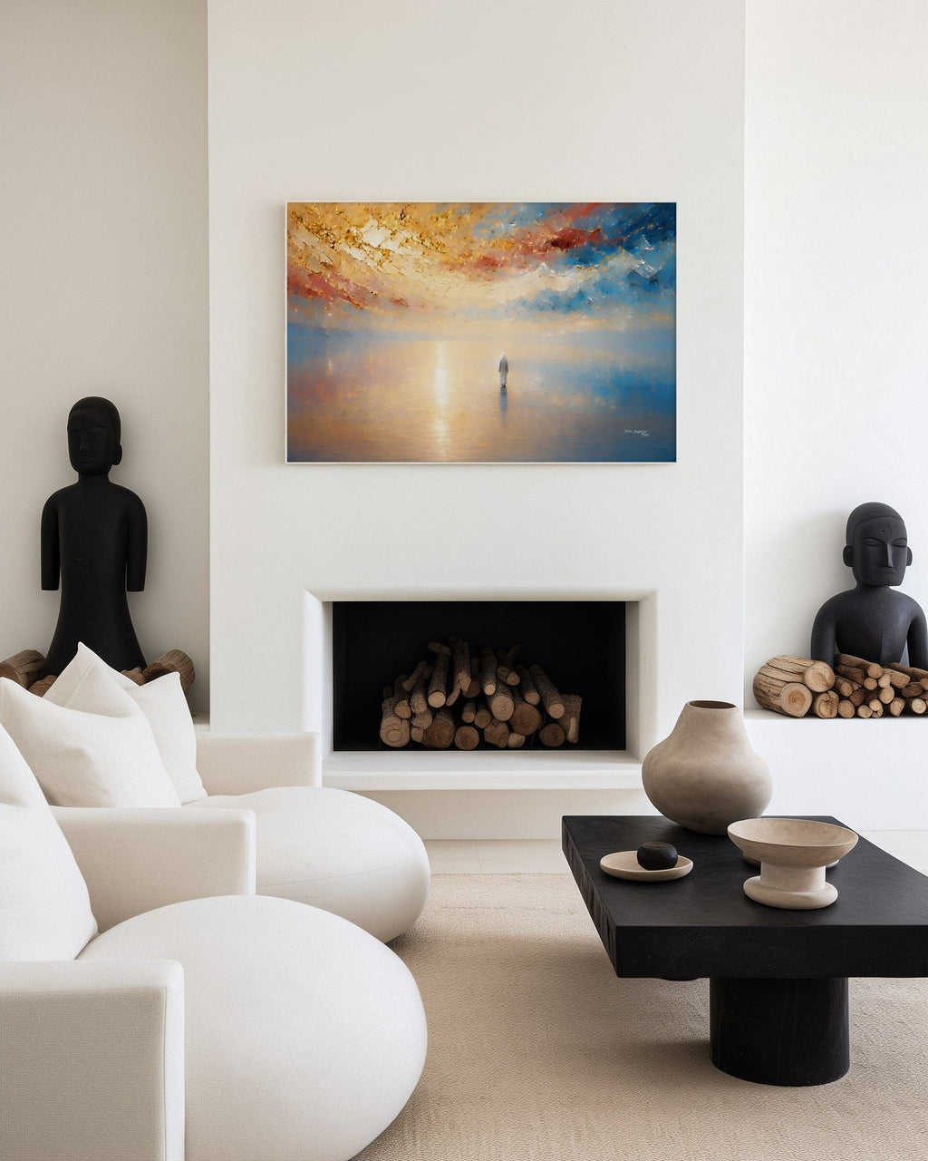 It Is I, Matthew 14:27 canvas print above a recessed fireplace in a white living room