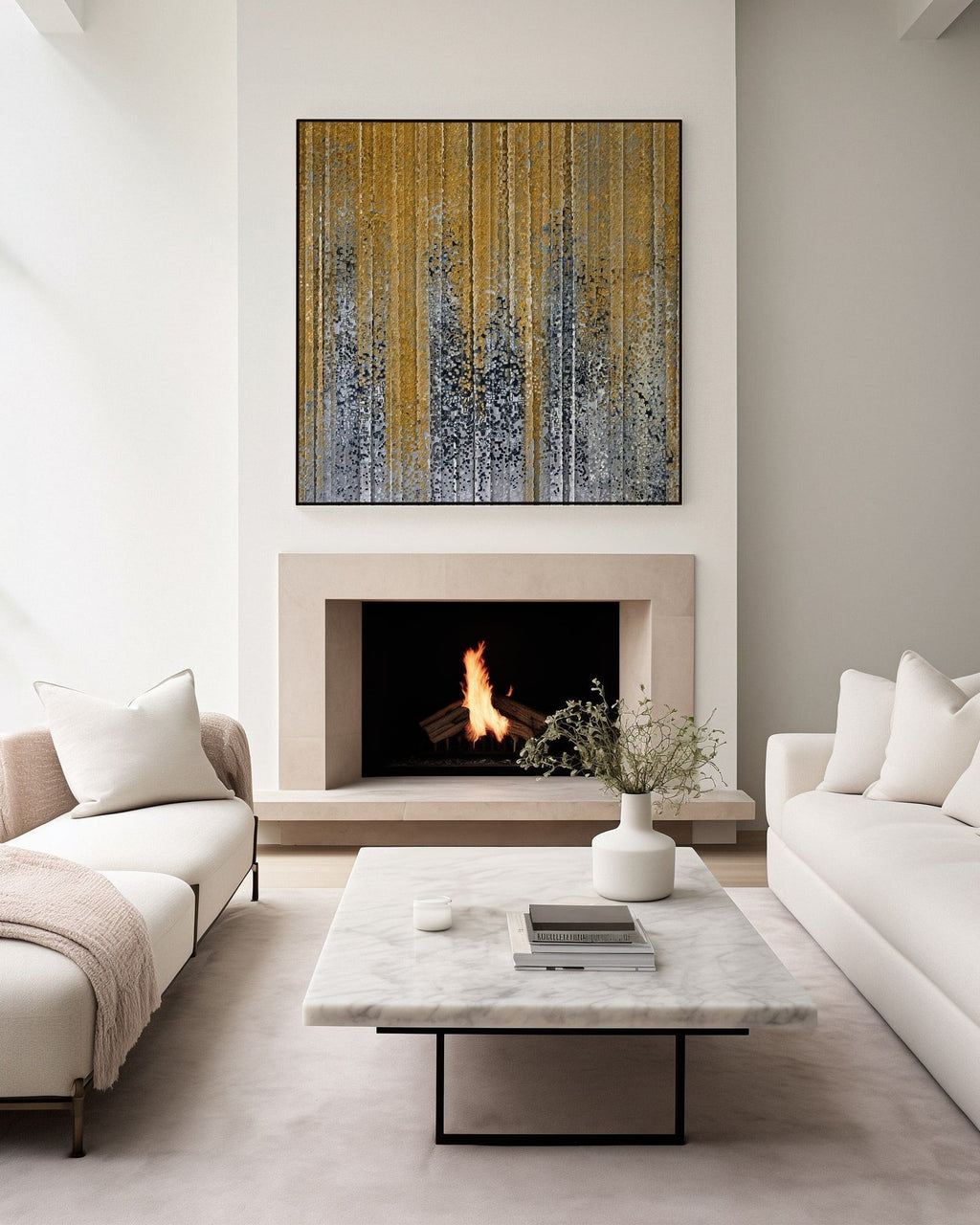 God Works In You, Philippians 2:13 canvas print above a lit fireplace in a living room with a marble table