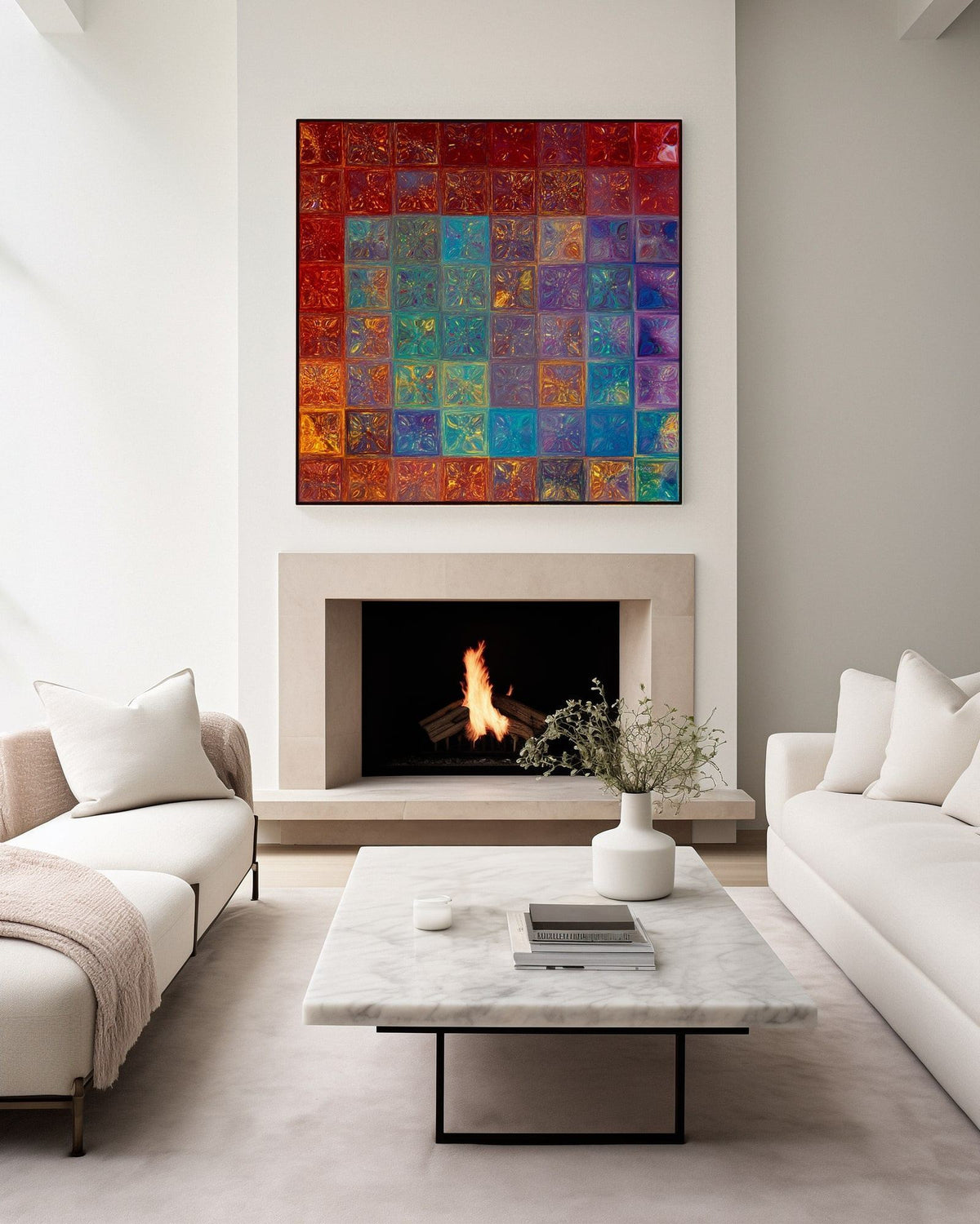 Surrounded By Love, Psalm 32:10 canvas print above a lit fireplace in a living room with a marble table