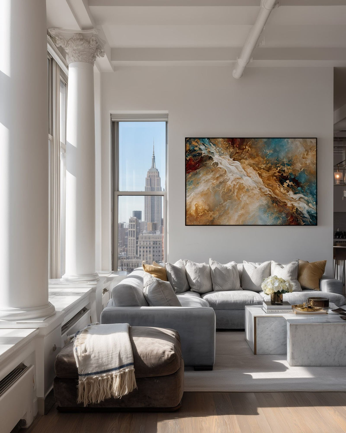 Heaven's Gate, Genesis 28:12 canvas print above a grey sofa in a city loft