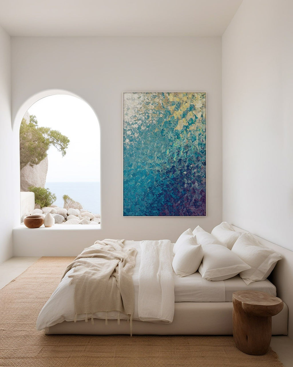My Strength And Song, Isaiah 12:2 canvas print on a bedroom wall beside an arched window