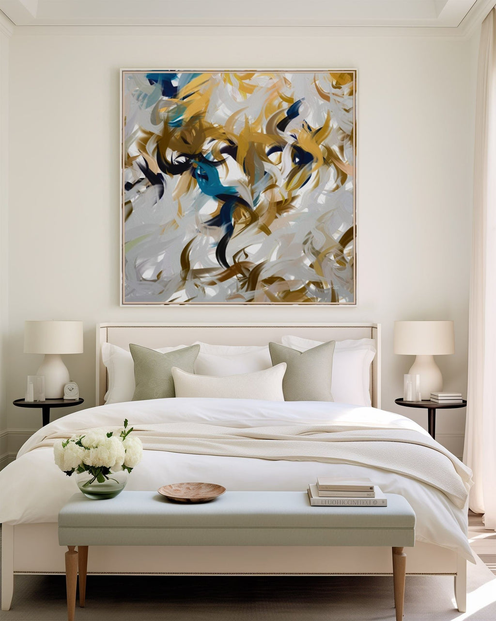 Breath of the Almighty, Job 33:4 canvas print above the bed in a cream bedroom with a bench at its foot