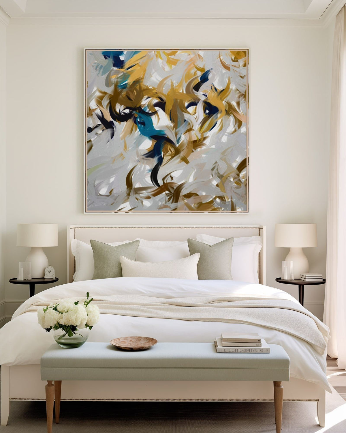 Breath of the Almighty, Job 33:4 canvas print above the bed in a cream bedroom with a bench at its foot