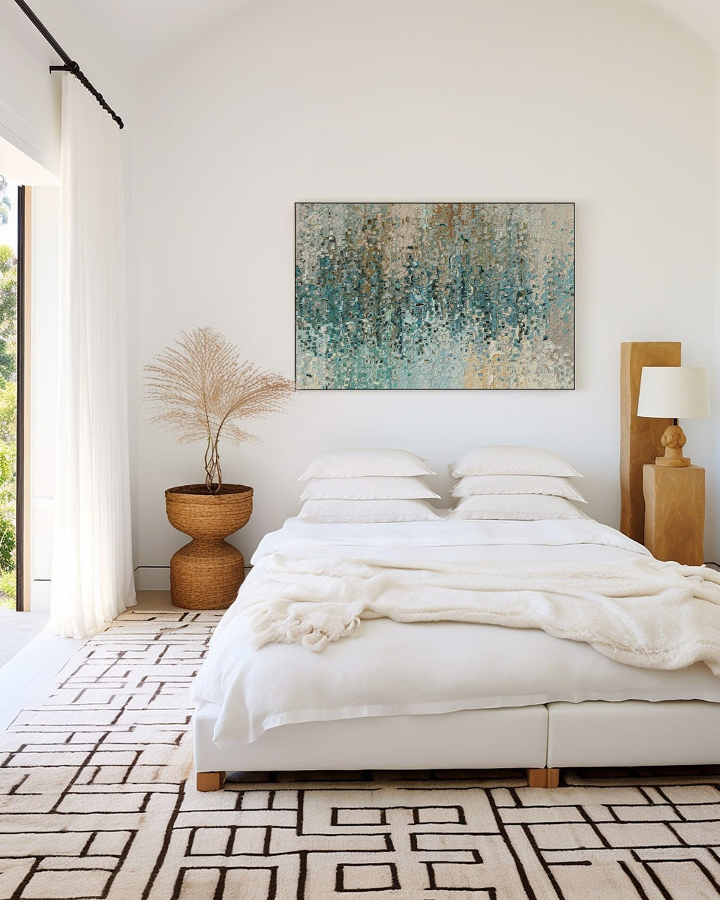 Revealed In Jesus, Romans 8:39 canvas print above a low bed in a bedroom with a patterned rug