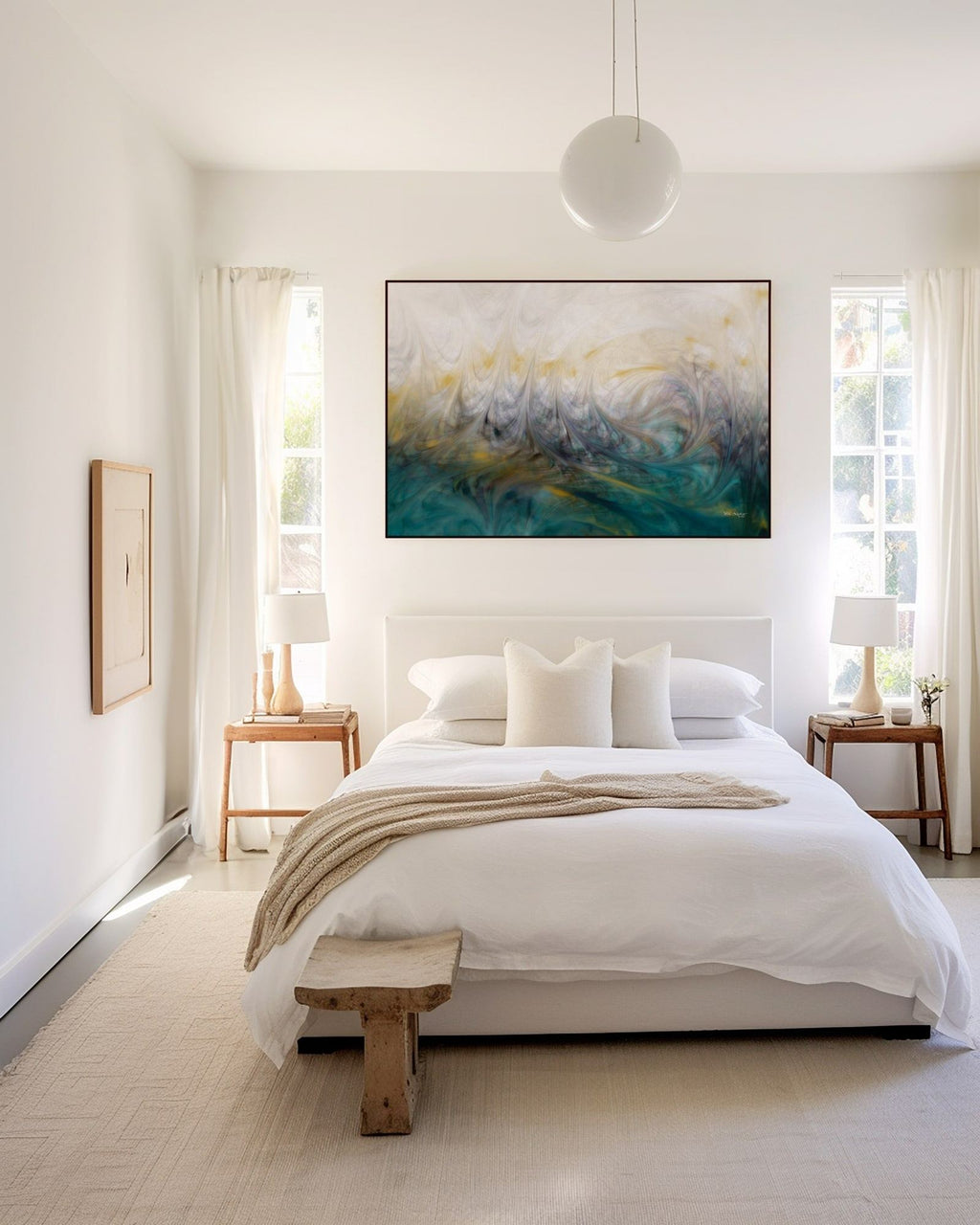 Our Secret Place, Psalm 91:1 canvas print above the bed in a bright white bedroom