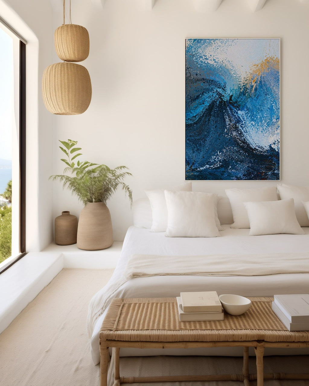 Hold Fast, Hebrews 10:23 canvas print above the bed in a bedroom with woven pendant lamps
