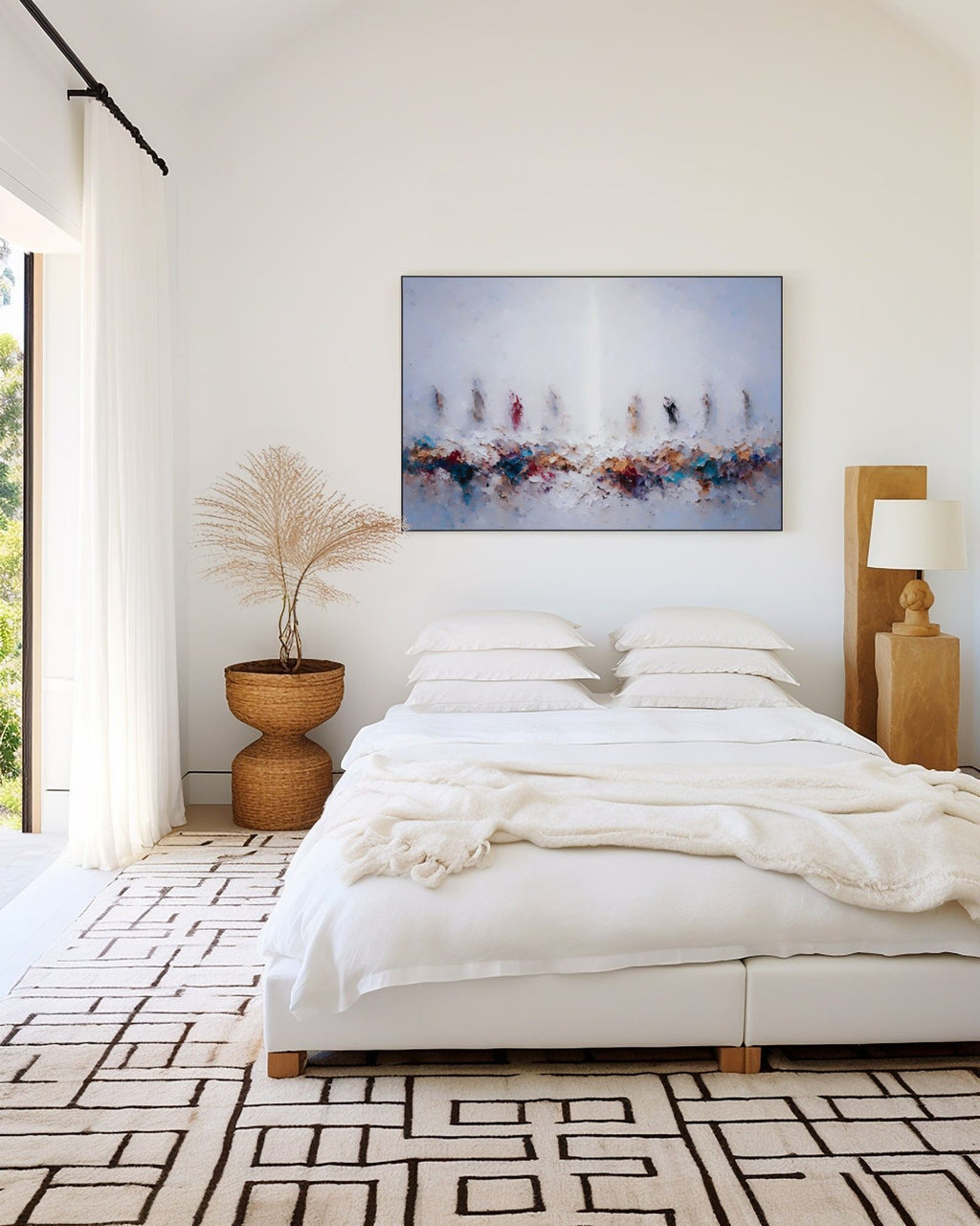 In Remembrance of Me, Luke 22:19 canvas print above a low bed in a bedroom with a patterned rug