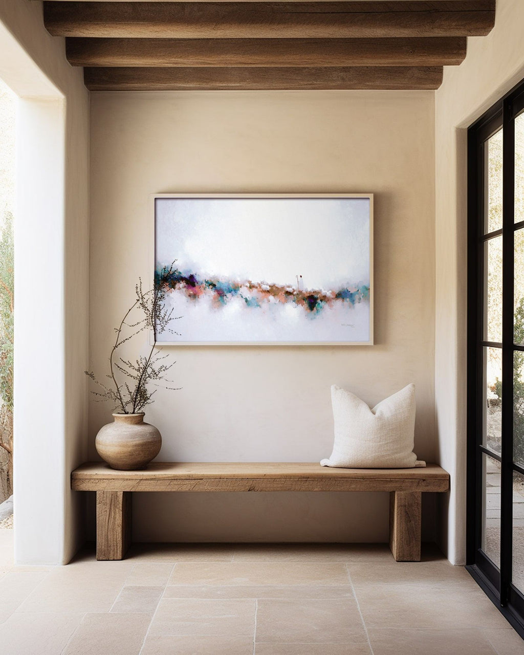 Known By Name, John 10:14 canvas print above a rustic bench beside a glass door, under wooden beams