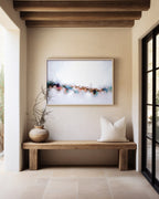 Known By Name, John 10:14 canvas print above a rustic bench beside a glass door, under wooden beams