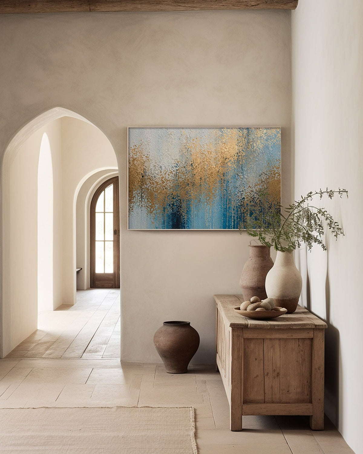 Glory Unveiled, Revelation 21:23 canvas print above a wooden cabinet in a plaster hallway with an arched doorway