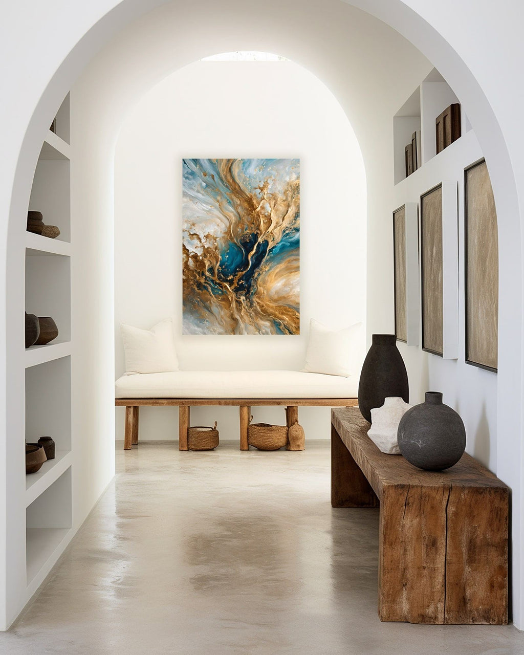 Celestial Vision, Matthew 3:16 canvas print above a bench in an arched alcove with built-in shelves