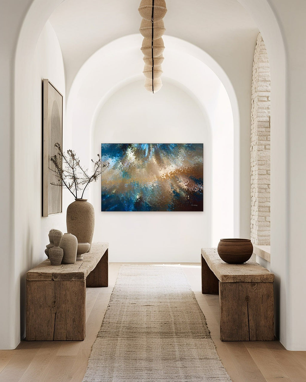 Be Fearless, 2 Timothy 1:7 canvas print at the end of an arched hallway with rustic wooden benches