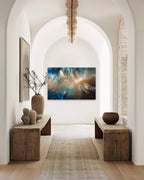 Be Fearless, 2 Timothy 1:7 canvas print at the end of an arched hallway with rustic wooden benches