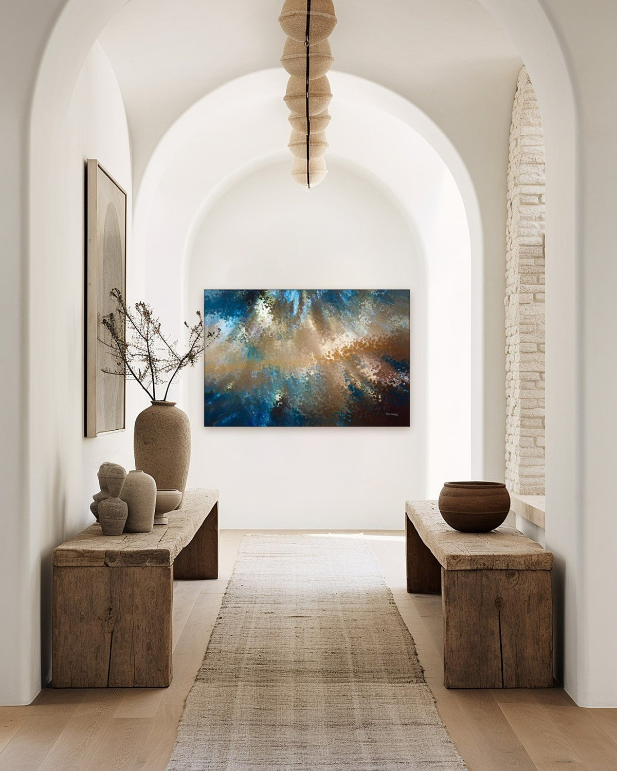 Be Fearless, 2 Timothy 1:7 canvas print at the end of an arched hallway with rustic wooden benches