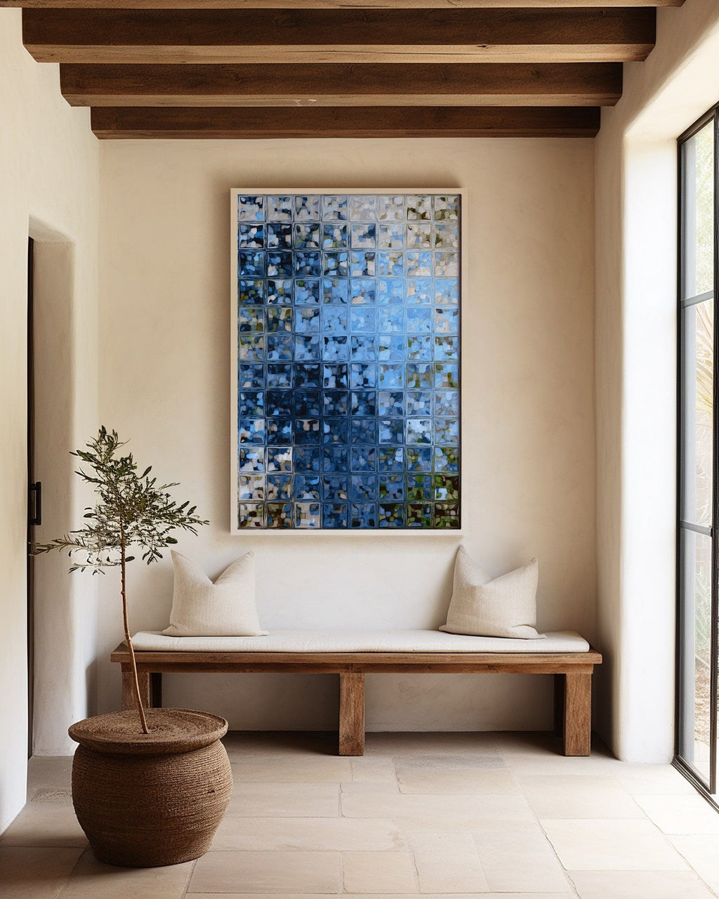 Window of Light, Matthew 6:22 canvas print above a bench in an entryway with wooden ceiling beams