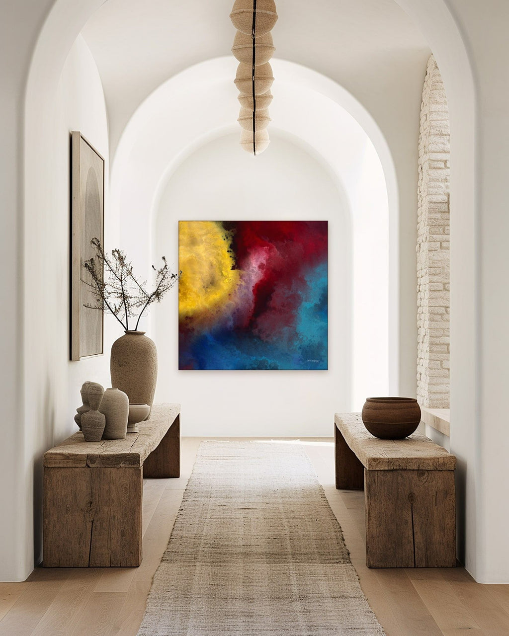 Let There Be Light, Genesis 1:3 canvas print at the end of an arched hallway with rustic wooden benches
