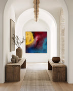 Let There Be Light, Genesis 1:3 canvas print at the end of an arched hallway with rustic wooden benches